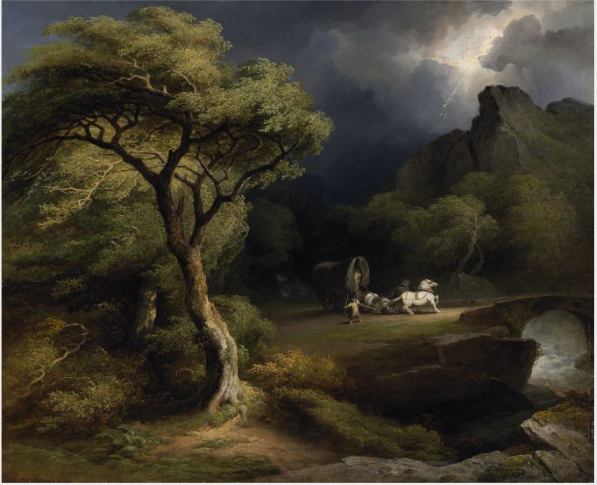 雷鳴に驚く馬と荷馬車を描いた嵐の情景画