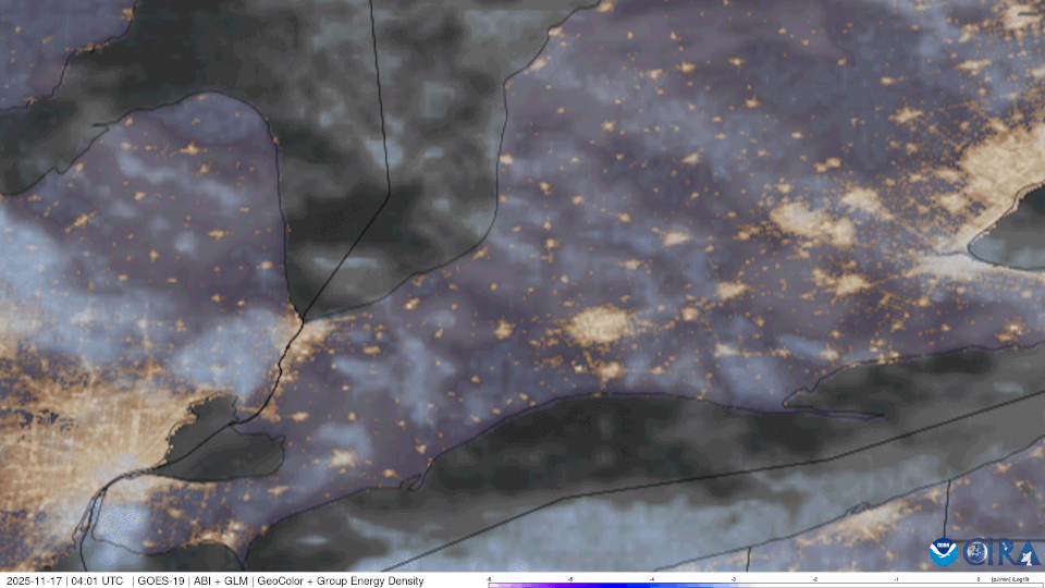 オンタリオ上空で観測された雷雪（サンダースノー）の衛星画像