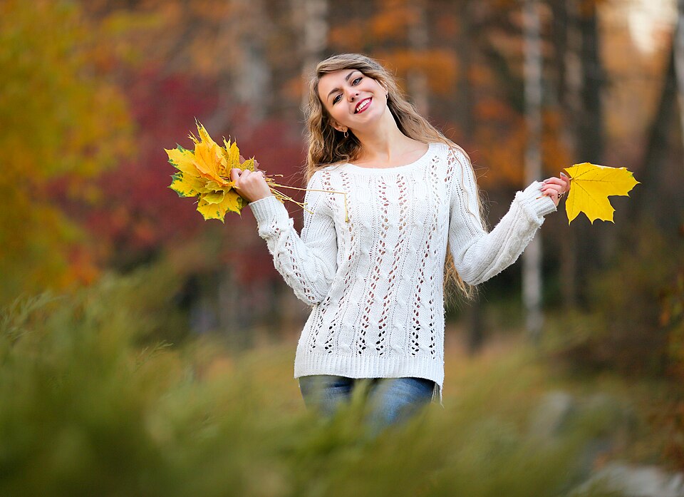 秋の木の葉束を持つセーター姿の女性